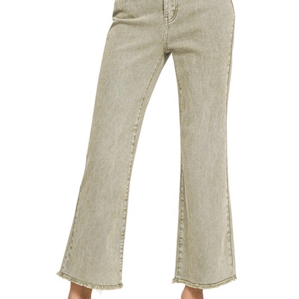Zenana Light Olive Acid Washed High Waist Frayed Bootcut Jeans